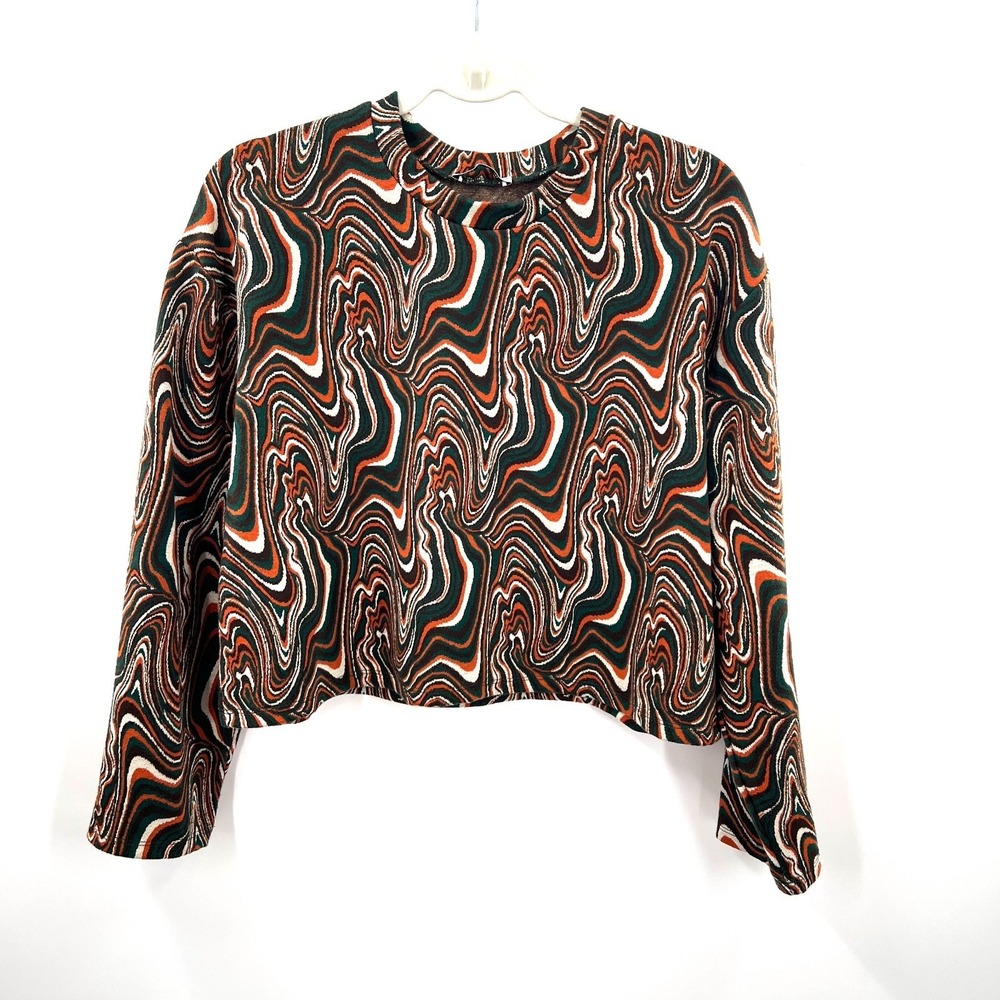 ZARA jacquard psychedelic wavy geometric print cropped top funky boxy hippy M